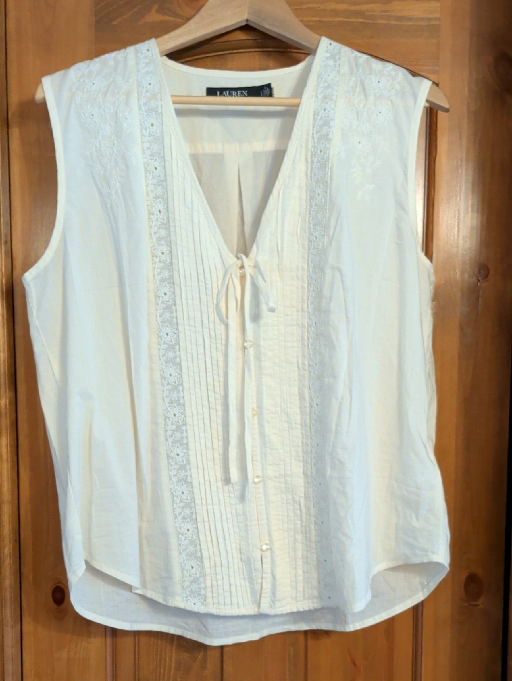 Ralph Lauren Cream Pintuck & Lace Tie-Front Sleeveless Top